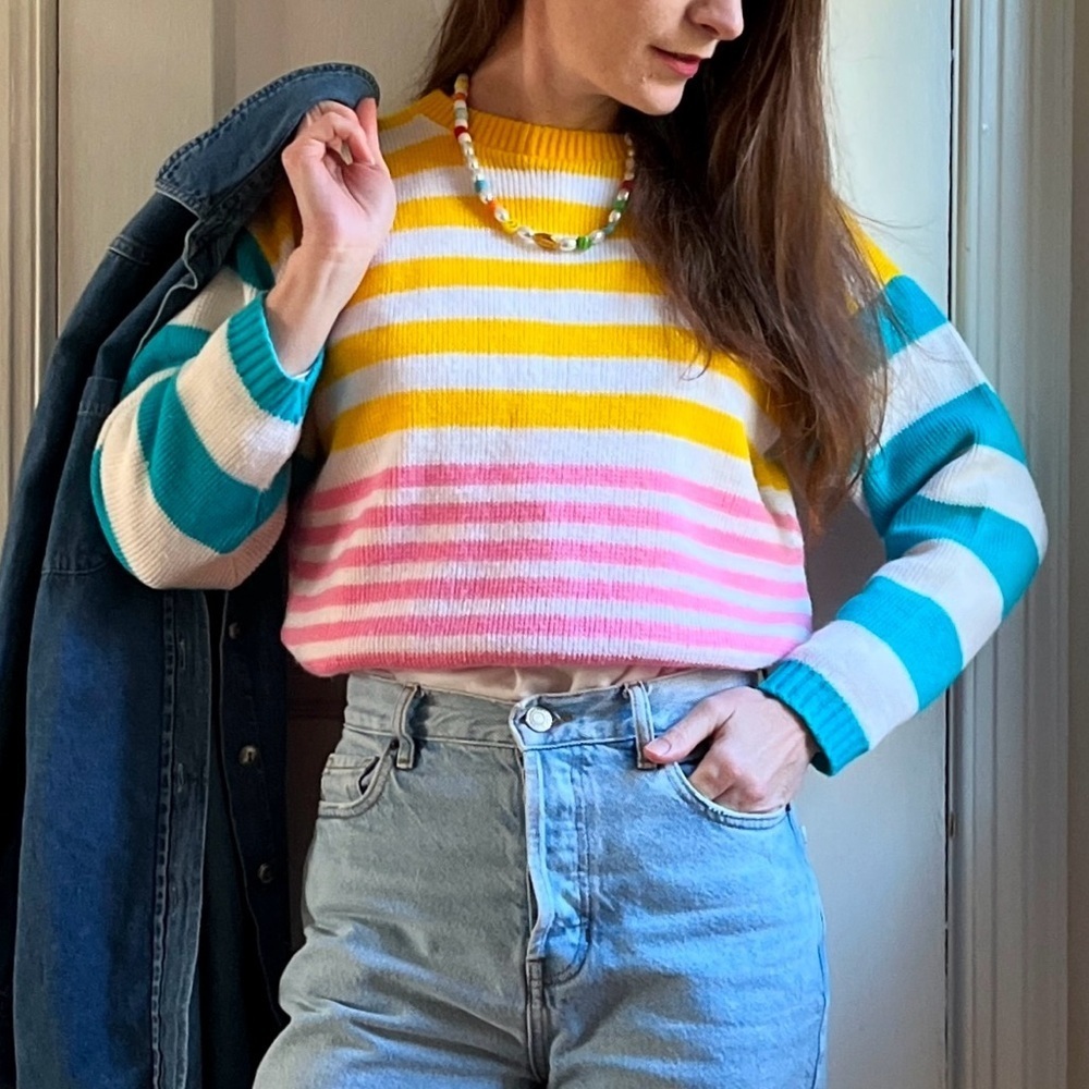 Colorful 80s Acrylic Striped Sweater Made in USA XS/S Crewneck Knit Pullover